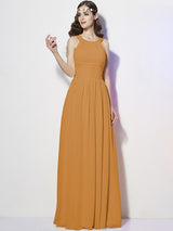 Modern Bateau Sleeveless Pleats Long Chiffon Bridesmaid Dresses-Ballbella
