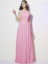 Modern Bateau Sleeveless Pleats Long Chiffon Bridesmaid Dresses-Ballbella