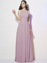 Modern Bateau Sleeveless Pleats Long Chiffon Bridesmaid Dresses-Ballbella