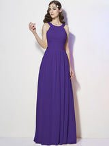 Modern Bateau Sleeveless Pleats Long Chiffon Bridesmaid Dresses-Ballbella