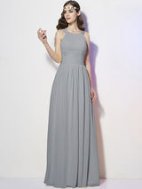 Modern Bateau Sleeveless Pleats Long Chiffon Bridesmaid Dresses-Ballbella