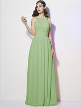 Modern Bateau Sleeveless Pleats Long Chiffon Bridesmaid Dresses-Ballbella