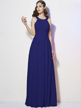 Modern Bateau Sleeveless Pleats Long Chiffon Bridesmaid Dresses-Ballbella