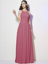 Modern Bateau Sleeveless Pleats Long Chiffon Bridesmaid Dresses-Ballbella