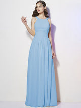 Modern Bateau Sleeveless Pleats Long Chiffon Bridesmaid Dresses-Ballbella