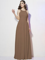 Modern Bateau Sleeveless Pleats Long Chiffon Bridesmaid Dresses-Ballbella
