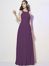 Modern Bateau Sleeveless Pleats Long Chiffon Bridesmaid Dresses-Ballbella