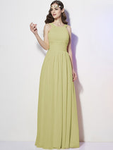 Modern Bateau Sleeveless Pleats Long Chiffon Bridesmaid Dresses-Ballbella