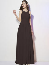Modern Bateau Sleeveless Pleats Long Chiffon Bridesmaid Dresses-Ballbella
