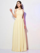 Modern Bateau Sleeveless Pleats Long Chiffon Bridesmaid Dresses-Ballbella