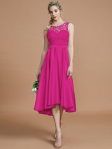 Modern Bateau Sleeveless Ruffles Asymmetrical Bridesmaid Dresses-Ballbella