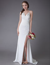 Modern Beach Wedding Dresses Sexy Bridal Dress High Split Ivory Sheath Straps Summer Wedding Gowns-Ballbella