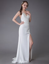 Modern Beach Wedding Dresses Sexy Bridal Dress High Split Ivory Sheath Straps Summer Wedding Gowns-Ballbella