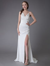 Modern Beach Wedding Dresses Sexy Bridal Dress High Split Ivory Sheath Straps Summer Wedding Gowns-Ballbella