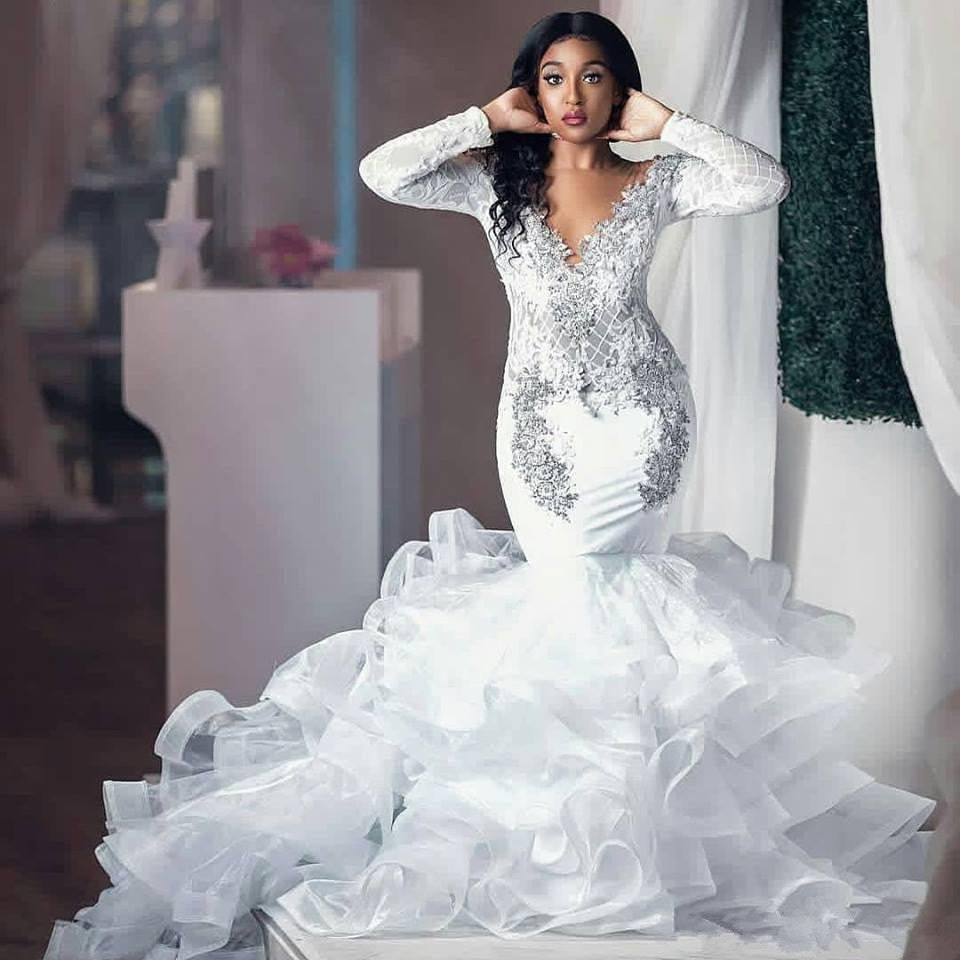 Modern Beading Appliques Wedding Dresses Long Sleeves Mermaid Tulle Bridal  Gowns – Ballbella