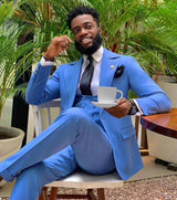 Modern Bright Blue Three Pieces Slim Fit Notched Lapel Designer Men Suits-Ballbella