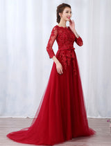 Modern Burgundy Evening Dresses Long Sleeve Lace Applique Beaded Formal Gown With Train-Ballbella