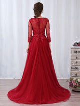 Modern Burgundy Evening Dresses Long Sleeve Lace Applique Beaded Formal Gown With Train-Ballbella
