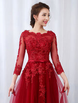Modern Burgundy Evening Dresses Long Sleeve Lace Applique Beaded Formal Gown With Train-Ballbella