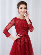 Modern Burgundy Evening Dresses Long Sleeve Lace Applique Beaded Formal Gown With Train-Ballbella