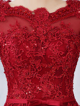 Modern Burgundy Evening Dresses Long Sleeve Lace Applique Beaded Formal Gown With Train-Ballbella