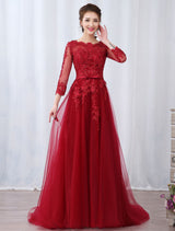 Modern Burgundy Evening Dresses Long Sleeve Lace Applique Beaded Formal Gown With Train-Ballbella