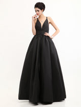 Modern Celebrity Dresses Black Oscar Evening Dress Straps Backless Deep V Taffeta Dress-Ballbella