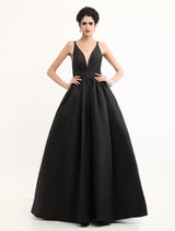 Modern Celebrity Dresses Black Oscar Evening Dress Straps Backless Deep V Taffeta Dress-Ballbella