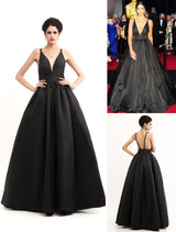 Modern Celebrity Dresses Black Oscar Evening Dress Straps Backless Deep V Taffeta Dress-Ballbella