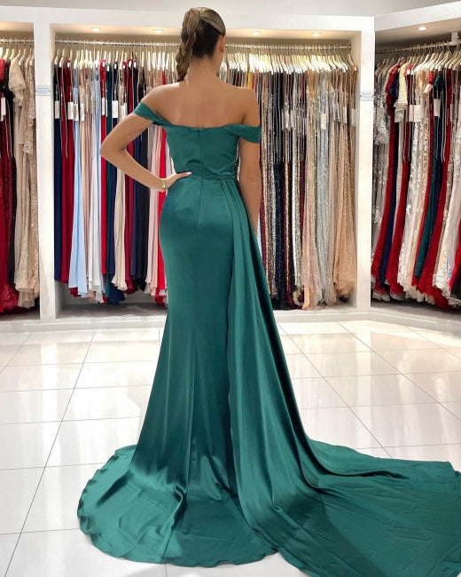 Modern Dark Green Off-the-shoulder Slit Mermaid Prom Dresses Modern Dark Green Off-the-shoulder Slit Mermaid Prom Dresses