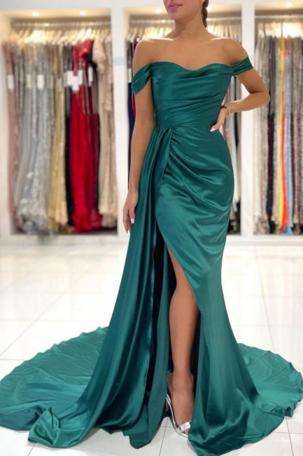 Modern Dark Green Off-the-shoulder Slit Mermaid Prom Dresses Ballbella Modern Dark Green Off-the-shoulder Slit Mermaid Prom Dresses Ballbella
