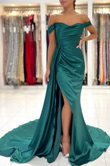 Modern Dark Green Off-the-shoulder Slit Mermaid Prom Dresses-Ballbella