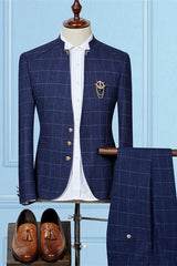 Modern Dark Navy Two Pieces Best Fitted Designer Plaid Men's Prom Suits-Ballbella