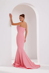 Modern Dusty Rose Strapless Satin Prom Dress Mermaid Sheath Sleeveless On Sale-Ballbella