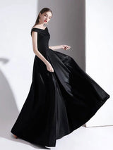 Modern Evening Dress A Line Bateau Neck Satin Fabric Floor Length Formal Party Dresses-Ballbella