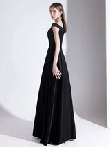 Modern Evening Dress A Line Bateau Neck Satin Fabric Floor Length Formal Party Dresses-Ballbella
