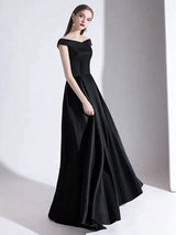 Modern Evening Dress A Line Bateau Neck Satin Fabric Floor Length Formal Party Dresses-Ballbella