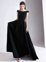 Modern Evening Dress A Line Bateau Neck Satin Fabric Floor Length Formal Party Dresses-Ballbella