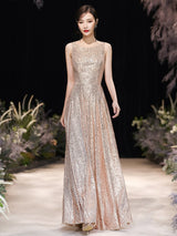 Modern Evening Dress A-Line Jewel Neck Floor-Length Sleeveless Zipper Sequined evening dress-Ballbella