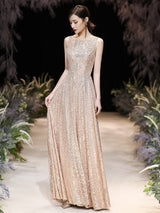 Modern Evening Dress A-Line Jewel Neck Floor-Length Sleeveless Zipper Sequined evening dress-Ballbella