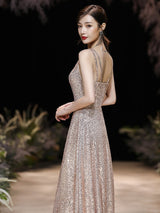 Modern Evening Dress A-Line Jewel Neck Floor-Length Sleeveless Zipper Sequined evening dress-Ballbella