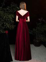 Modern Evening Dress A Line V Neck Matte Satin Floor Length Pleated Social Party Dresses-Ballbella