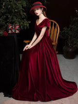 Modern Evening Dress A Line V Neck Matte Satin Floor Length Pleated Social Party Dresses-Ballbella