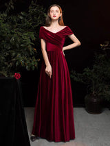 Modern Evening Dress A Line V Neck Matte Satin Floor Length Pleated Social Party Dresses-Ballbella