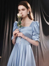 Modern Evening Dress Mint Blue A-Line Square Neck Floor-Length Half Sleeves Lace-up Pageant Dress-Ballbella