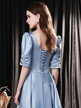 Modern Evening Dress Mint Blue A-Line Square Neck Floor-Length Half Sleeves Lace-up Pageant Dress-Ballbella