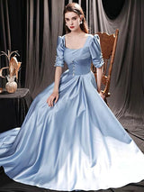 Modern Evening Dress Mint Blue A-Line Square Neck Floor-Length Half Sleeves Lace-up Pageant Dress-Ballbella