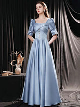 Modern Evening Dress Mint Blue A-Line Square Neck Floor-Length Half Sleeves Lace-up Pageant Dress-Ballbella