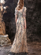 Modern Evening Dress Sheath Jewel Neck Lace Floor-Length Lace Formal Party Dresses-Ballbella