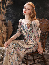 Modern Evening Dress Sheath Jewel Neck Lace Floor-Length Lace Formal Party Dresses-Ballbella